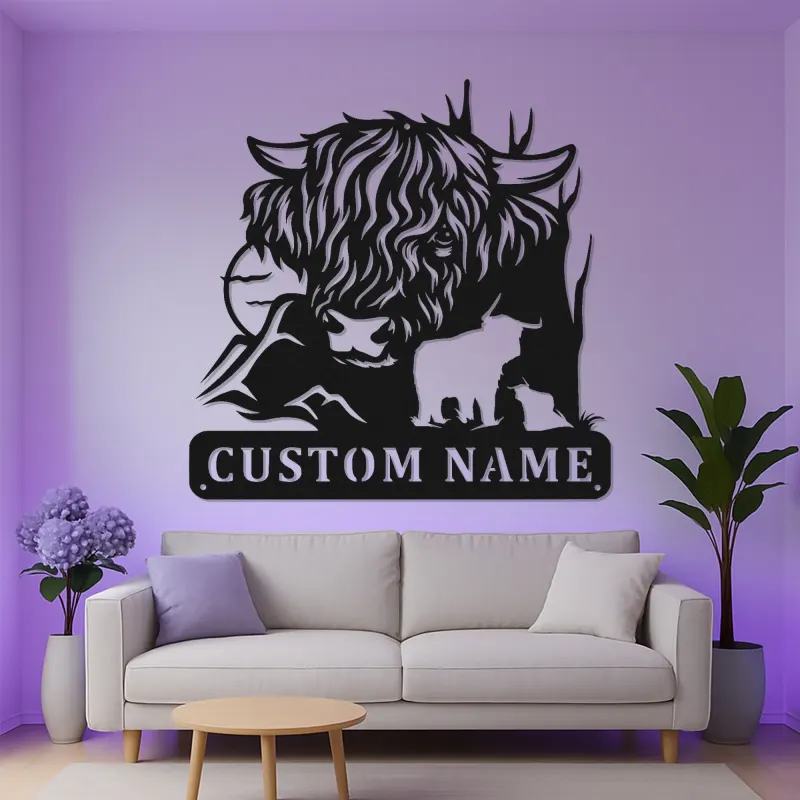 Decoración mural de metal LED de vaca de las Highlands | Decoración farmhouse personalizada | Letrero rústico a medida para amantes de los animales