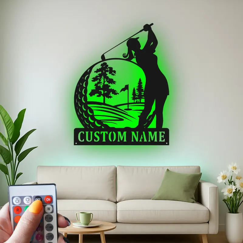 Personalized Golfer LED Sign | Custom Metal Wall Art for Her | Clubhouse & Home Bar Decor | Golf Gift