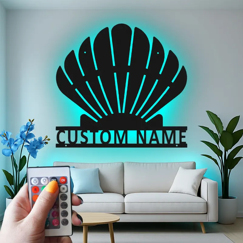 Insegna in metallo LED a forma di conchiglia personalizzata | Arte murale costiera personalizzata | Decorazione per casa al mare e bagno