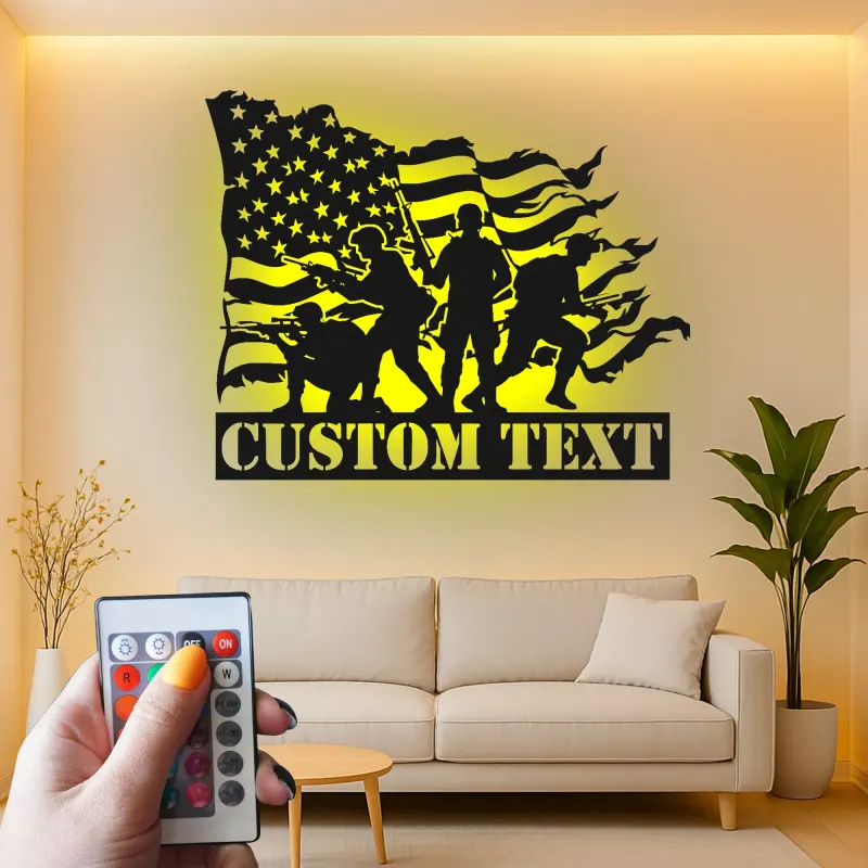Custom Soldier Metal Sign | LED American Flag Wall Art | Patriotic Veteran Gift | Army Man Cave Decor