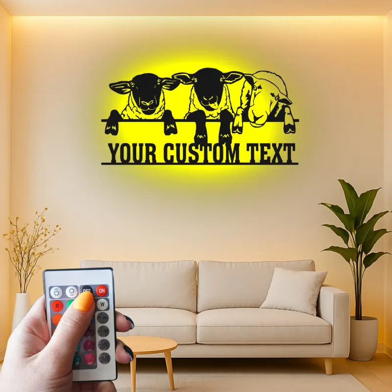 Insegna in Metallo con Pecora Personalizzata | Arte Murale LED per Fattoria | Decorazione con Nome Personalizzato per Nursery o Regalo per Ranch Rustico