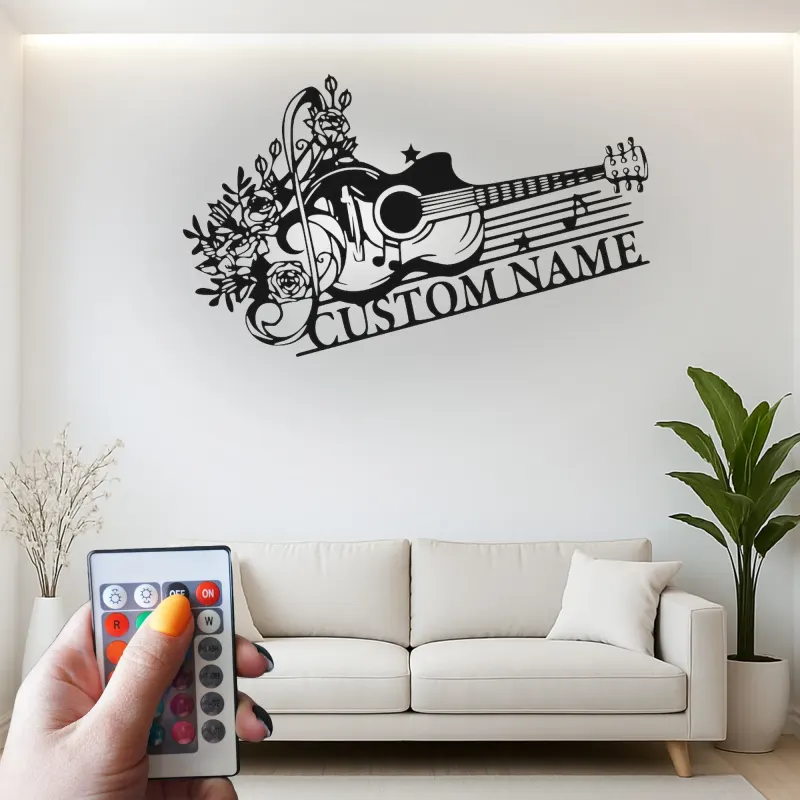 Personalized Guitar LED Sign | Custom Metal Wall Art for Music Room | Floral Musician Gift | Boho Home Decor
