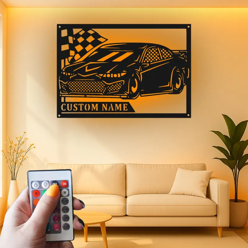 Personalized Race Car LED Sign | Custom Metal Wall Art for Garage | Gift for Car Enthusiast | Racing Decor