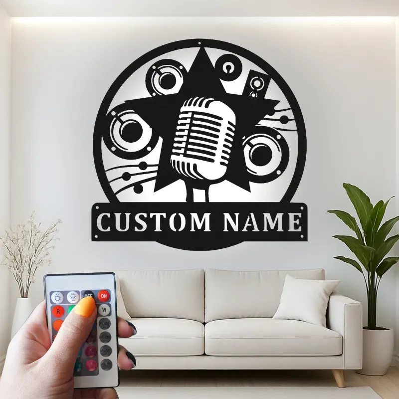 Personalisierte LED-Metallschild im Retro-Mikrofon-Design | Wandkunst für Musikstudio | Musiker Namensschild | Geschenk für Sänger
