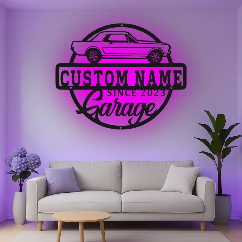 Décoration murale en métal personnalisée avec voiture classique et rétroéclairage LED - Cadeau pour passionnés de voitures, décoration de garage