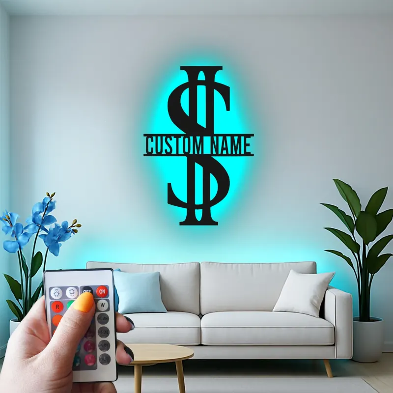Décoration murale en métal personnalisée en forme de signe dollar avec rétroéclairage LED - Cadeau personnalisé pour entrepreneurs - Décor de bureau ou de salle de loisirs
