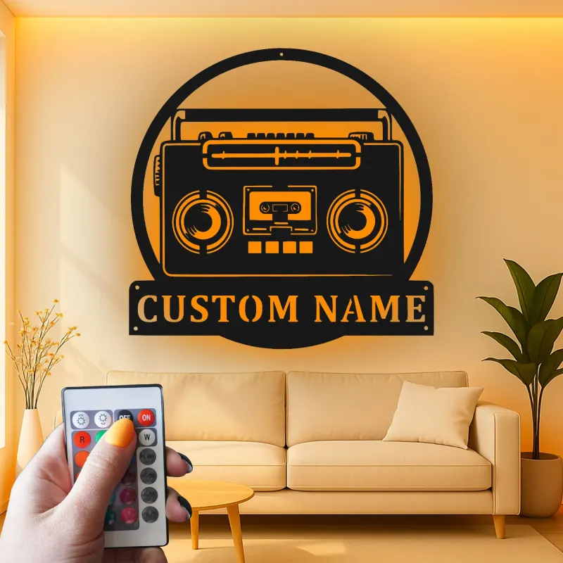 Cartel de metal personalizado con luz LED de boombox, regalo para amantes de la música, decoración retro para sala de juegos