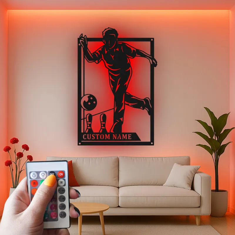 Insegna in metallo personalizzata con luce LED per giocatori di bowling - Regalo personalizzato per appassionati di bowling e decorazione per sale giochi