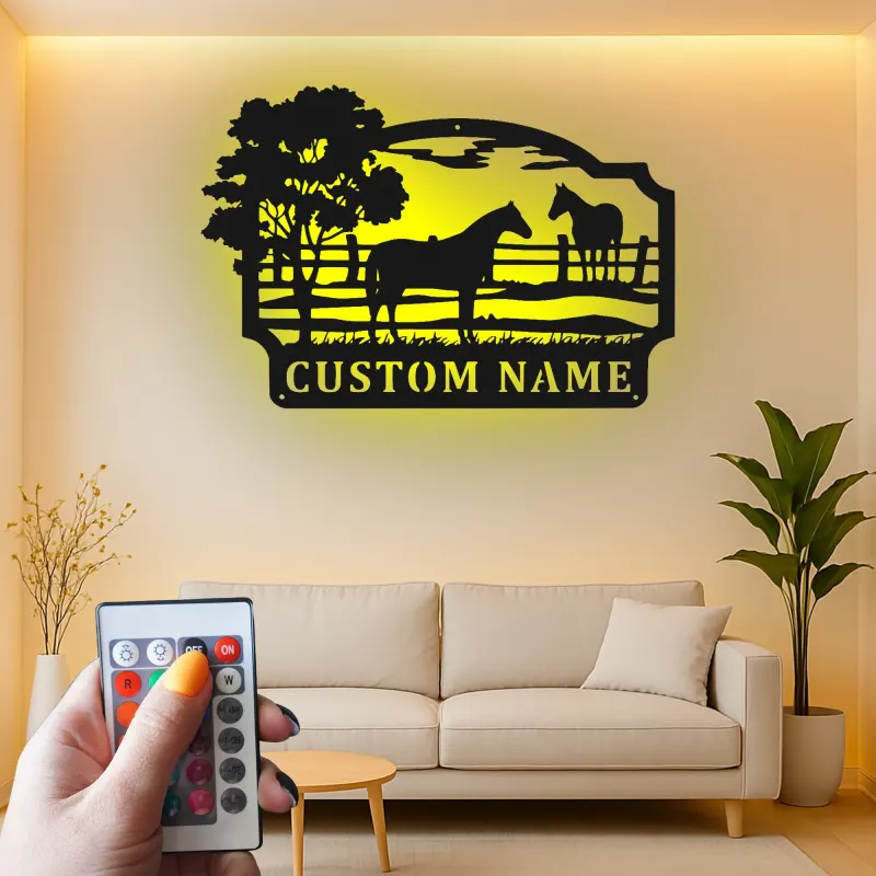 Insegna per Ranch di Cavalli Personalizzata con LED | Arte in Metallo Personalizzata | Decorazione Equestre per Regalo da Fattoria
