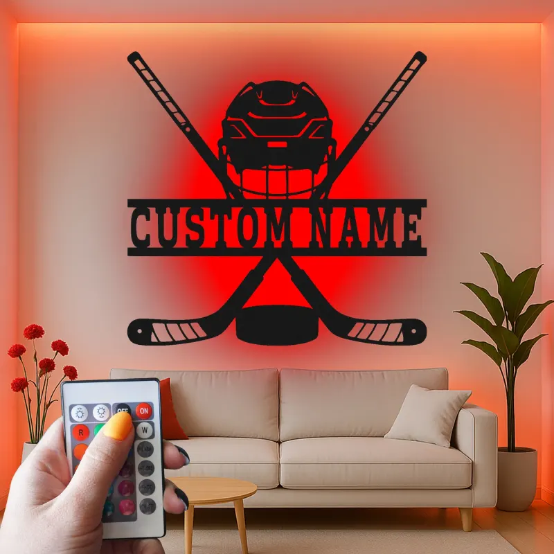 Enseigne personnalisée de hockey | Décoration murale LED en métal | Déco personnalisée pour joueur, salle de jeux | Cadeau fan de sport