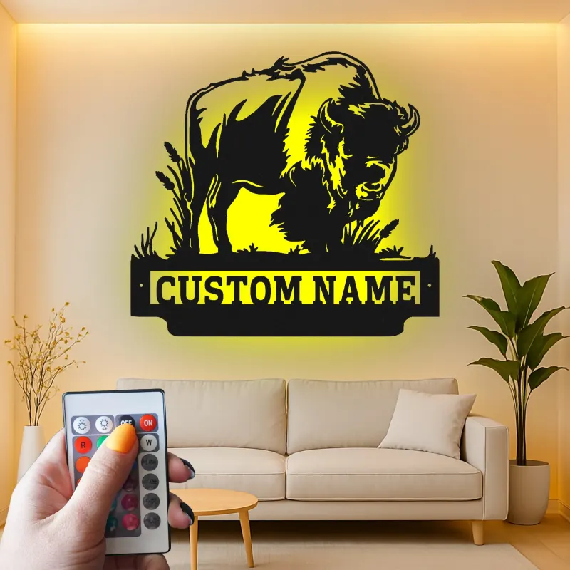 Custom Bison Led Light Metal Wall Art Personalized Wildlife Gift for Nature Lovers Rustic Home Decor 1