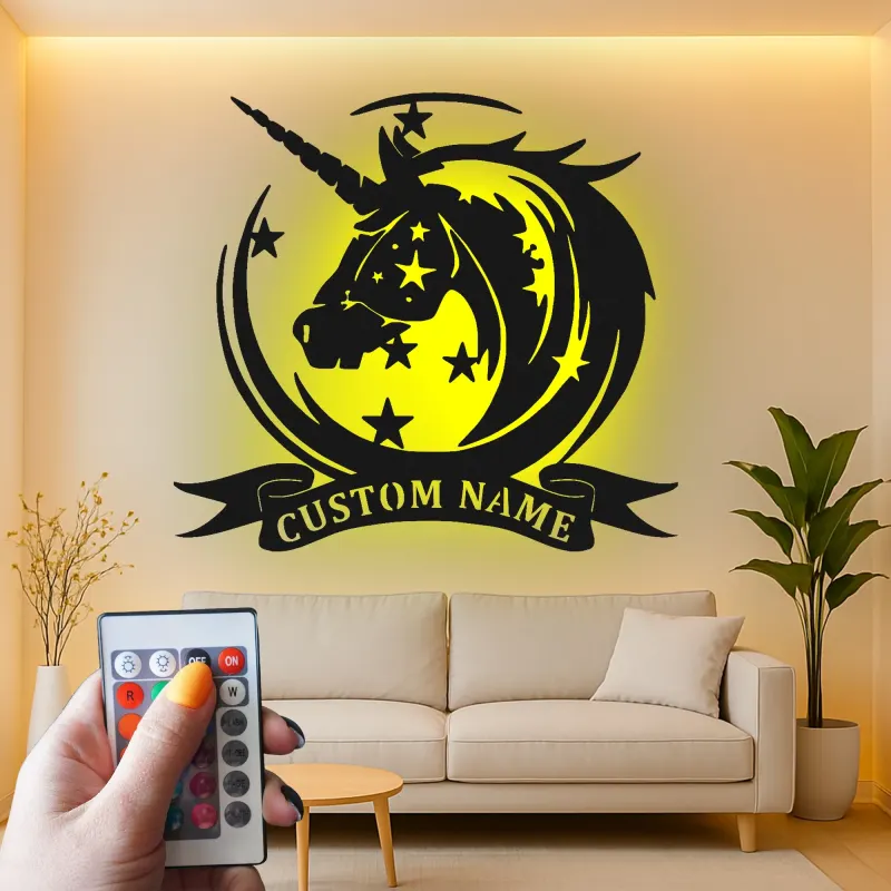 Cartel de metal LED personalizado de unicornio, regalo para decoración mágica de habitación infantil