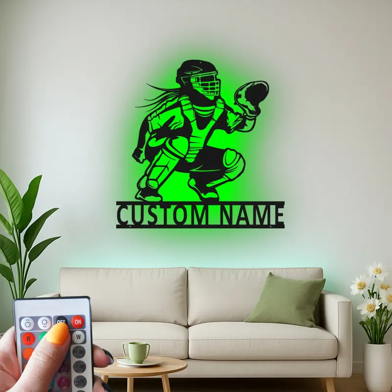 Cartel LED personalizado de receptora de softball | Arte mural de metal personalizado para habitación de chicas | Regalo para atleta femenina | Decoración de guardería deportiva