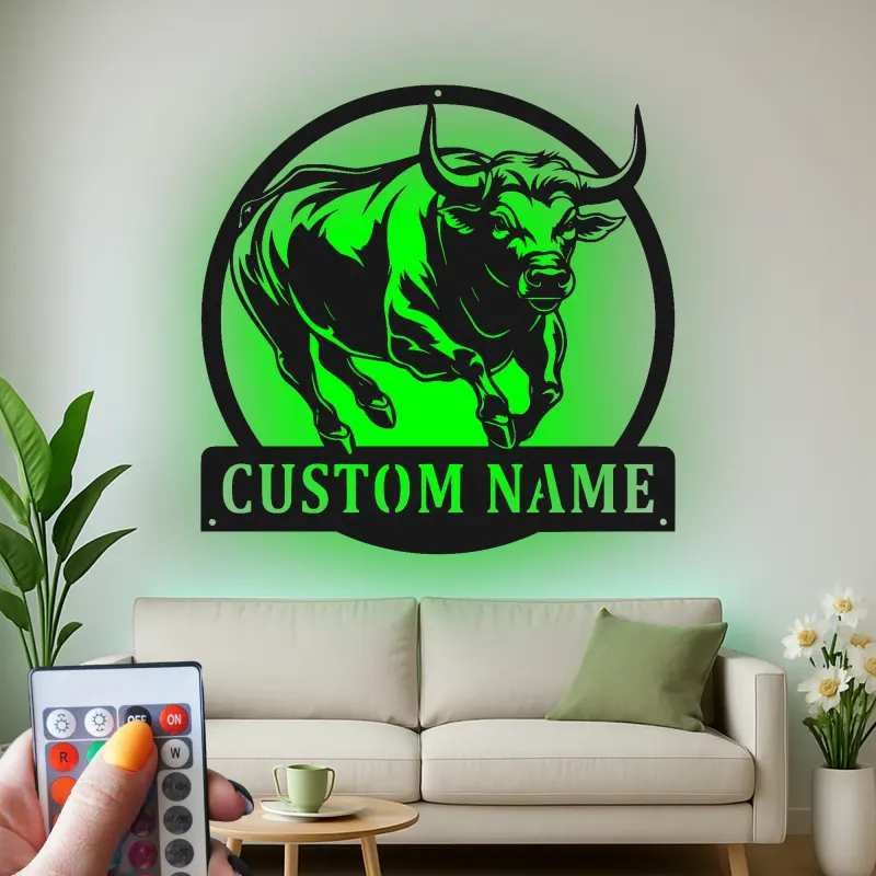 Personalisierte LED-beleuchtete Metall-Wandkunst mit Stier für Ranchbesitzer – Rustikaler Landhausstil