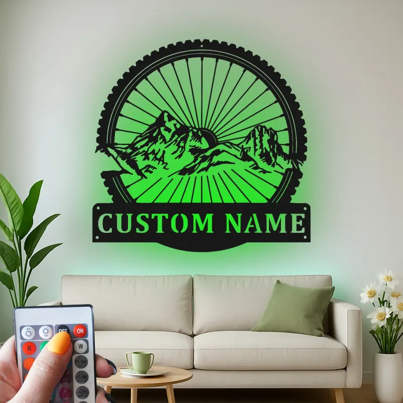 Insegna LED Ruota Mountain Bike Personalizzata | Arte in Metallo Personalizzata per Ciclisti | Decorazione per Avventure all'Aperto e Man Cave
