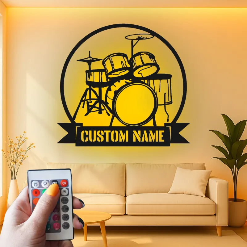 Custom Drum Set Led Light Metal Wall Art Personalized Musician Gift Studio or Music Room Decor 3