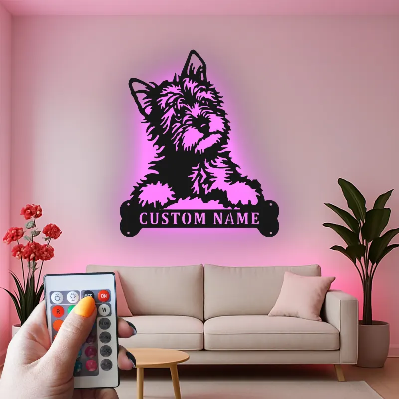 Décoration murale en métal personnalisée avec chien terrier et rétroéclairage LED - Cadeau pour amoureux des animaux