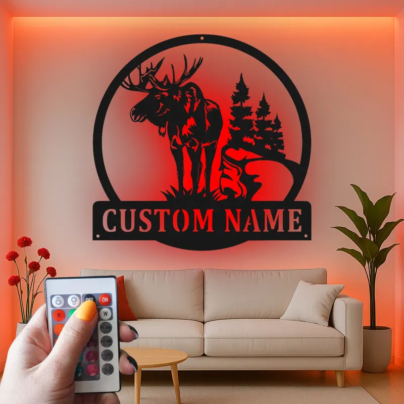 Panneau en métal personnalisé avec élan et lumières LED | Art mural personnalisé pour cabane | Décoration rustique de forêt et de faune | Cadeau pour chalet de chasseur