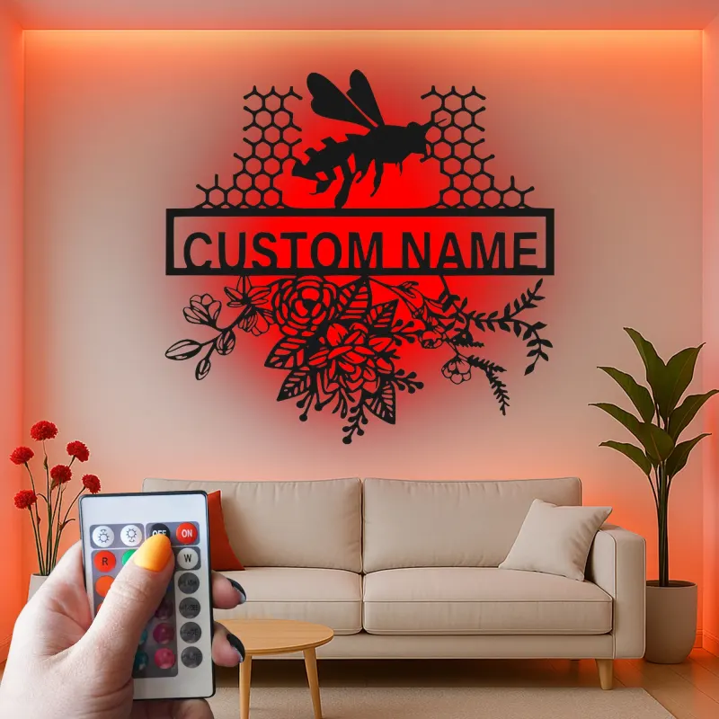 Décoration murale en métal personnalisée Abeille et Rayons de miel avec rétroéclairage pour les amoureux de la nature