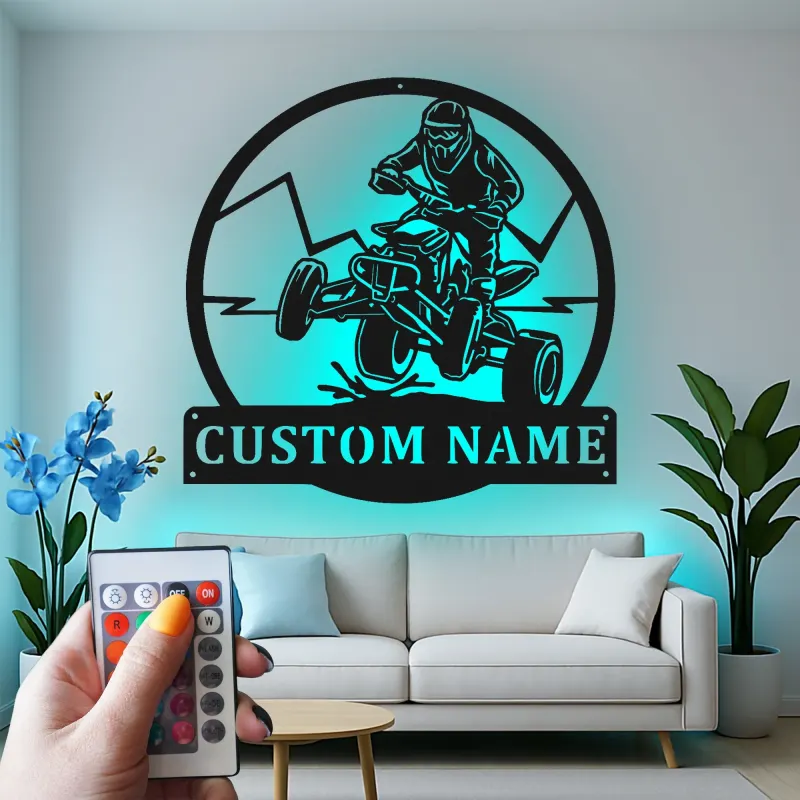 Custom ATV Rider Led Light Metal Wall Art Off-Road Enthusiast Gift Garage or Man Cave Decor