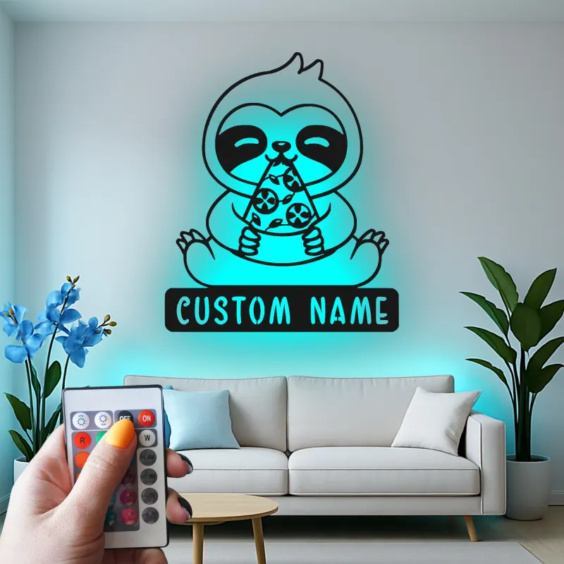 Custom Sloth LED Sign | Metal Wall Art | Kids Room & Nursery Decor | Funny Pizza Lover Gift Idea