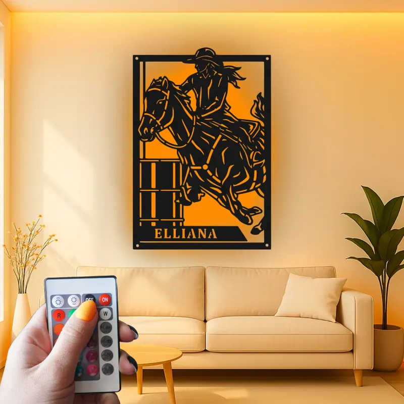 Cartel de metal LED personalizado de jinete de barriles, regalo ecuestre para amantes de los caballos, decoración western para el hogar