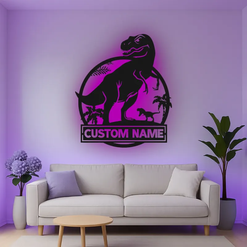 Personalisiertes T-Rex Dinosaurier LED Licht Metallschild Geschenk für Kinderzimmer oder Spielzimmer Dekor