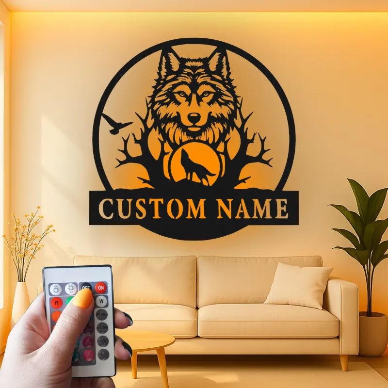 Cartel de metal LED de lobo personalizado regalo de vida salvaje para amantes de la naturaleza decoración de sala de estar rústica
