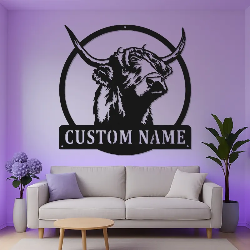 Highland Cow LED Metal Sign | Custom Name Wall Art | Rustic Farmhouse Decor for Rancher & Home Bar