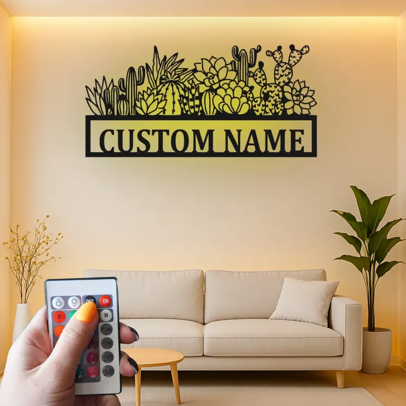 Panneau en métal personnalisé Cactus avec LED | Décoration murale succulente personnalisée pour entreprise | Décor botanique boho désert pour salon ou studio