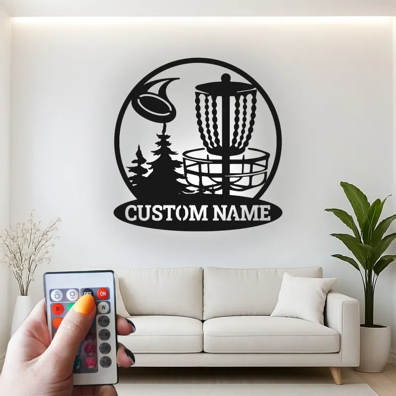 Décoration murale en métal LED personnalisée pour panier de disc golf - Cadeau pour les golfeurs