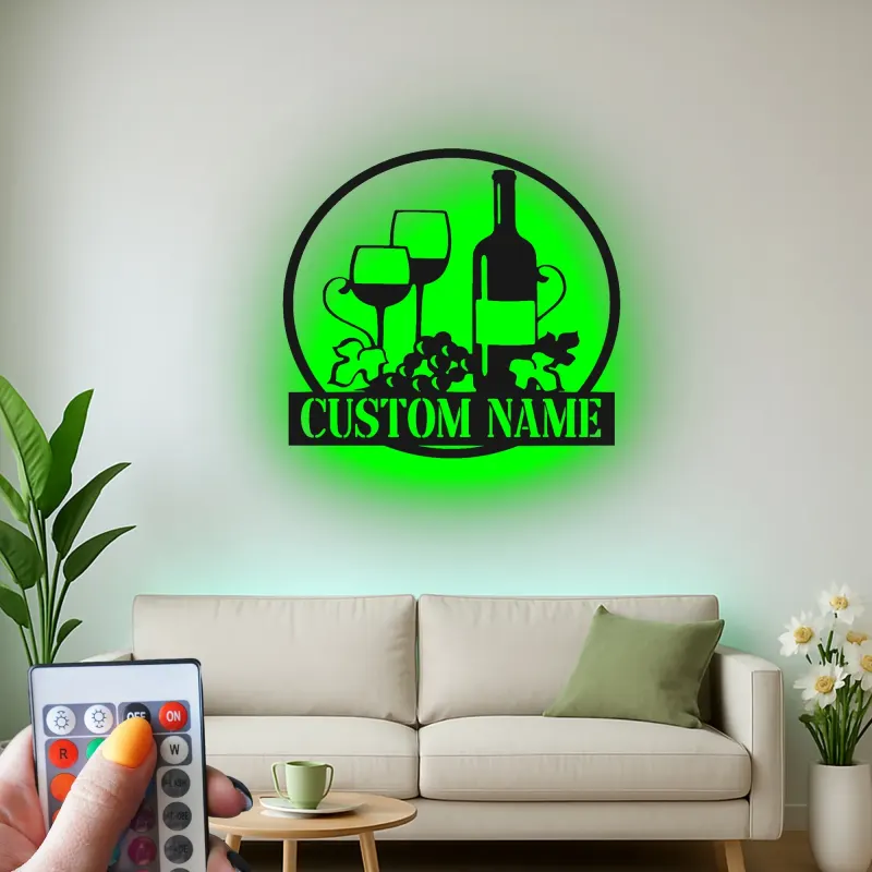 Décoration murale en métal personnalisée avec bouteille de vin et verres en rétroéclairage - Cadeau pour les amateurs de vin, décoration de cuisine ou de bar