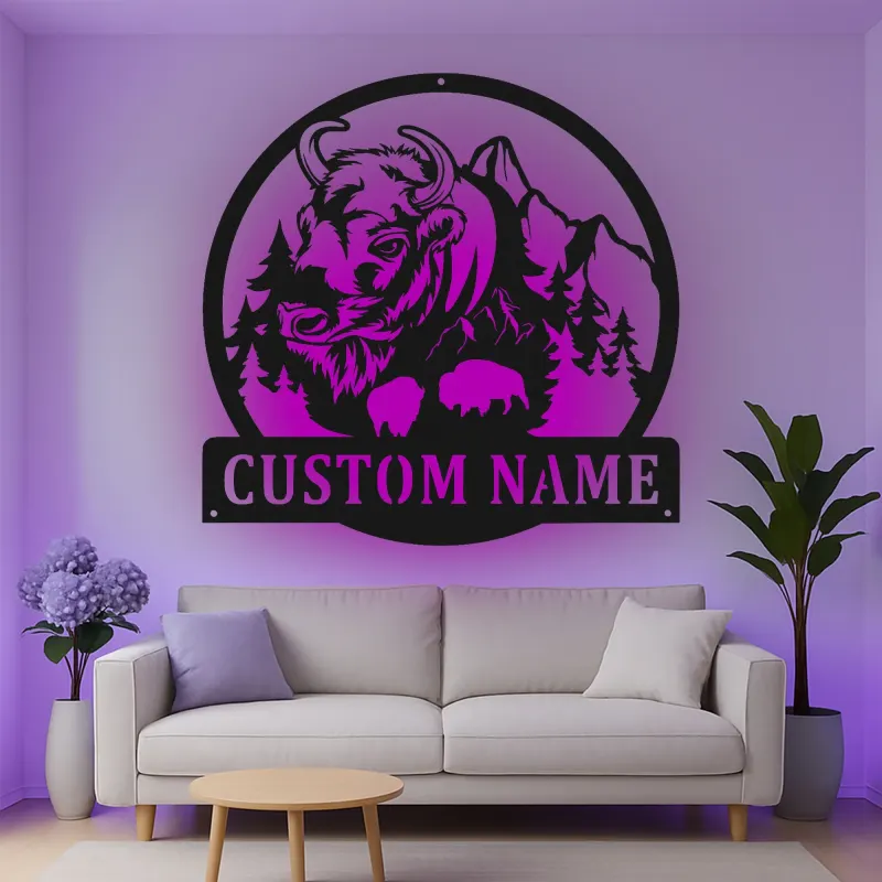 Cartel de metal LED personalizado de Bisonte y Montaña, regalo para amantes de la naturaleza, decoración rústica de cabaña