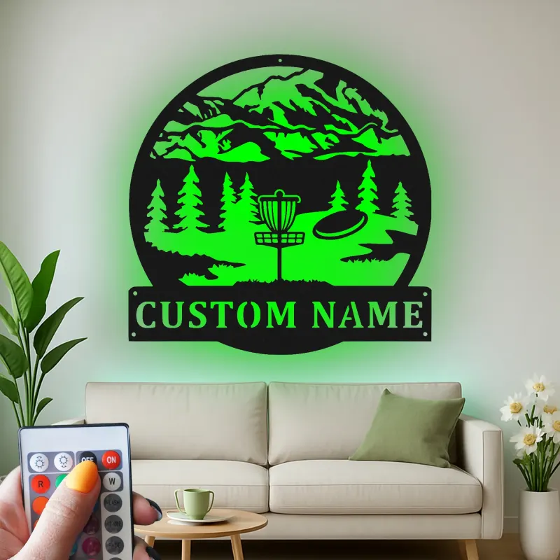 Custom Disc Golf Mountain Scene Led Light Metal Wall Art Personalized Gift for Disc Golfers Outdoor Enthusiast Decor