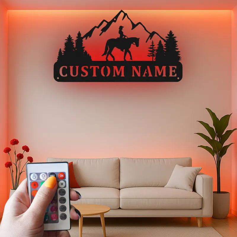 Art en métal personnalisé de cavalier de cheval | Panneau LED équestre personnalisé | Décor mural de ranch et de cabane pour cadeau