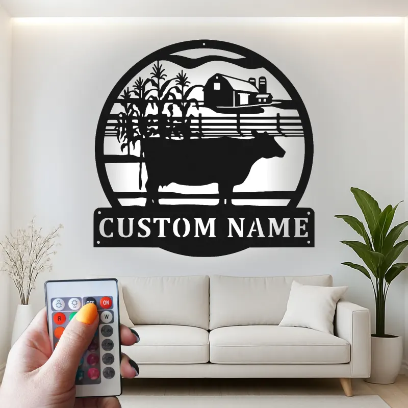 Cartel LED de Granja de Vacas Personalizado | Arte mural rústico de granja | Regalo personalizado para agricultores