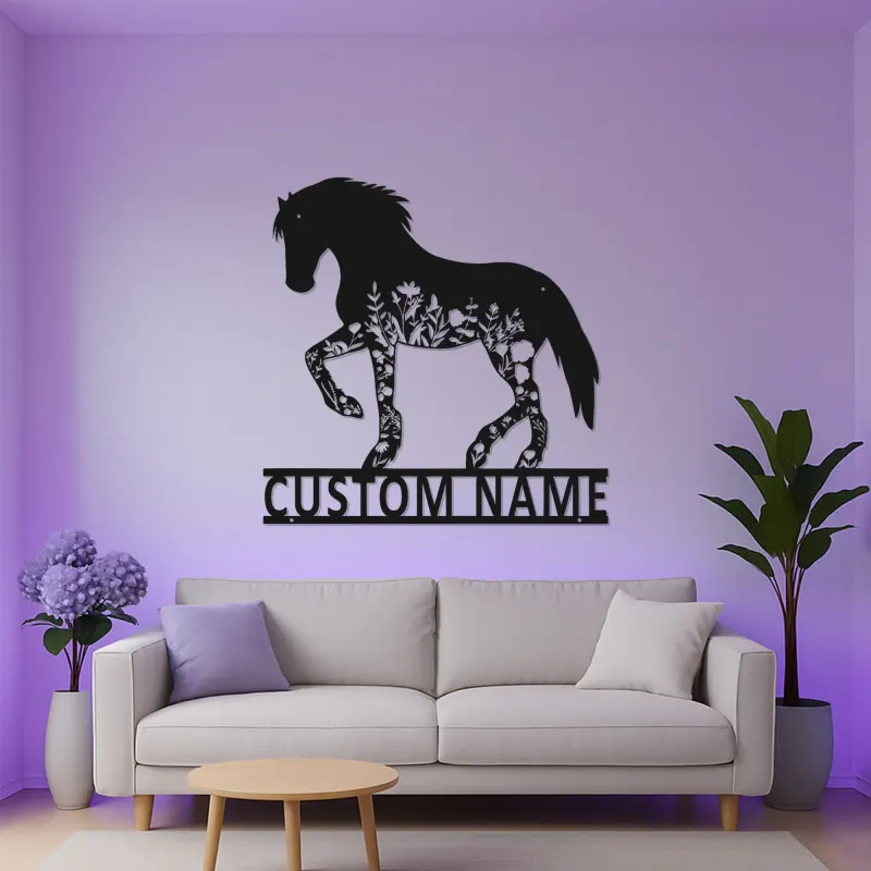 Individuelle Pferde LED Metall-Wandkunst | Personalisierte Reiterschild mit Blumen | Stall- & Ranch-Dekor Geschenk