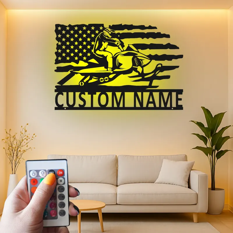 Plaque Métallique LED Personnalisée Motoneige | Art Mural Drapeau Américain Personnalisé | Cadeau Motoneigiste | Décor Man Cave