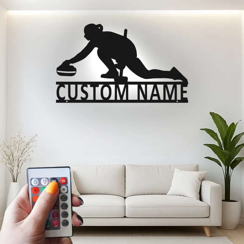 Personalisierte LED-Metall-Wandkunst mit Curling-Spieler – Sportgeschenk für Curling-Fans, Deko fürs Spielzimmer