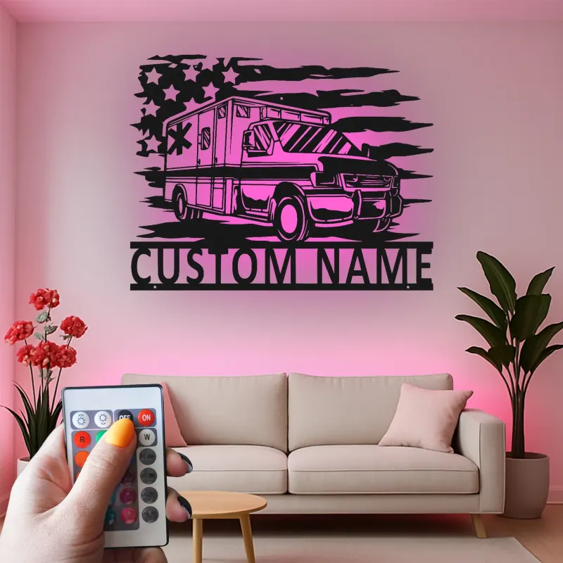 Décoration murale en métal personnalisée avec éclairage LED Ambulance - Cadeau personnalisé pour les EMTs et décoration de bureau des services d'urgence