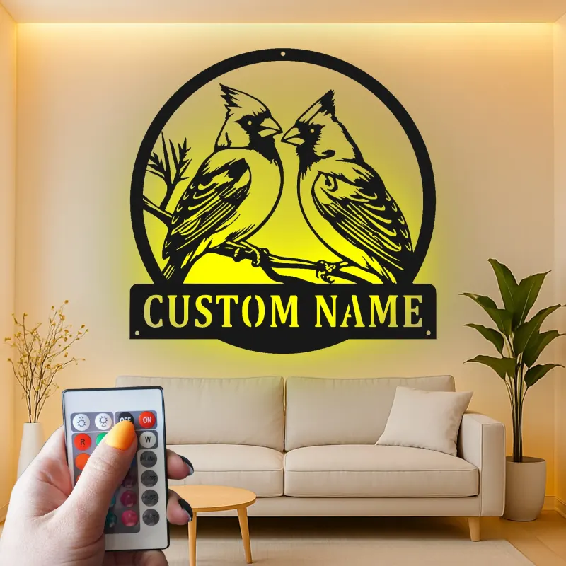 Insegna in metallo personalizzata con coppia di cardinali e luce LED - Regalo per amanti degli uccelli - Decorazione per soggiorno e natura 1