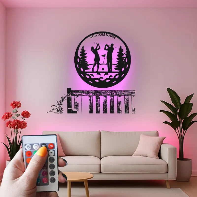 Custom Golf Couple Metal Sign | Personalized Golfer LED Wall Art | Unique Anniversary Gift for Golfers | Home Bar Decor