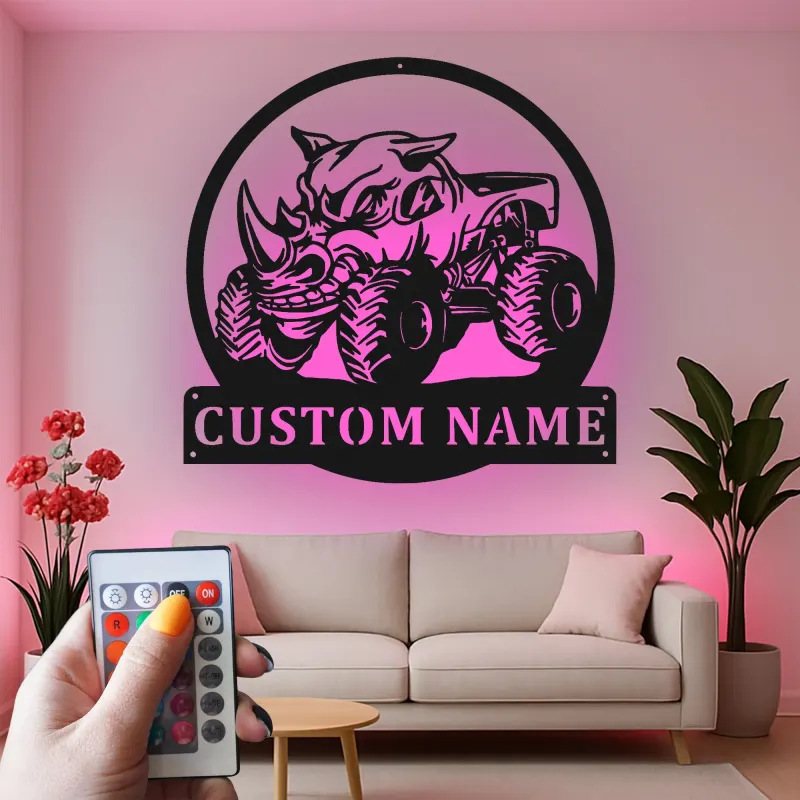 Custom Rhino Monster Truck Sign | Personalized LED Metal Wall Art | Boys Room Decor & Off-Road Gift