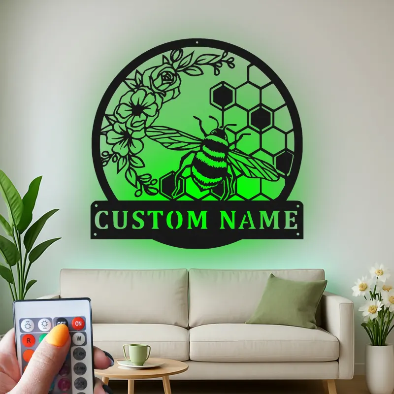 Décoration murale en métal personnalisée Abeille et Rayons de miel avec rétroéclairage pour les amoureux du jardin