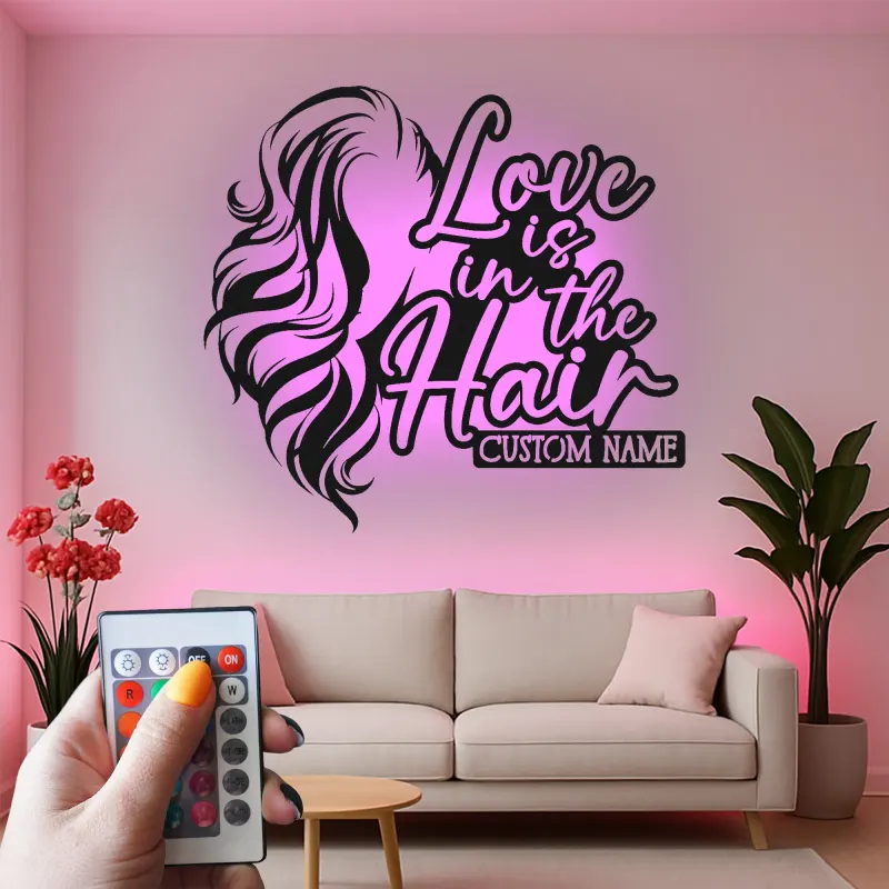 Custom Hairstylist LED Sign | Personalized Metal Wall Art for Salon Decor | Love is in the Hair Light Up Nameplate