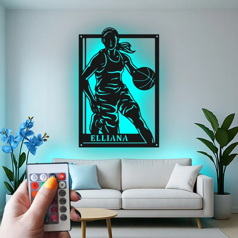Custom Female Basketball Player Led Light Metal Wall Art Personalized Athlete Gift Game Room Sports Decor