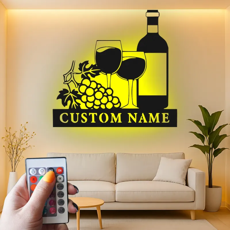 Cartel de metal LED de botella de vino y copas personalizado regalo para amantes del vino decoración de cocina o bar