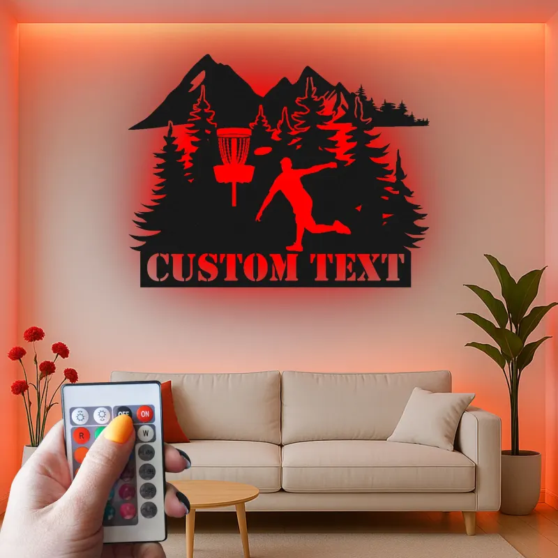 Cartel de metal personalizado con jugador de golf de disco, regalo iluminado LED