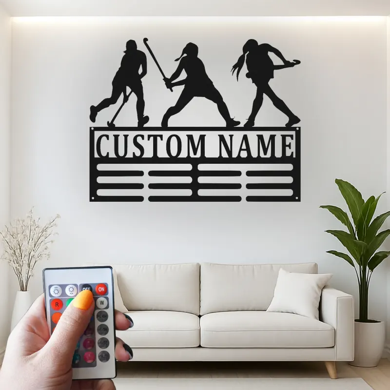 Insegna LED personalizzata per hockey su prato | Insegna da parete in metallo con nome su misura | Regalo per atleta o squadra | Arredo camera