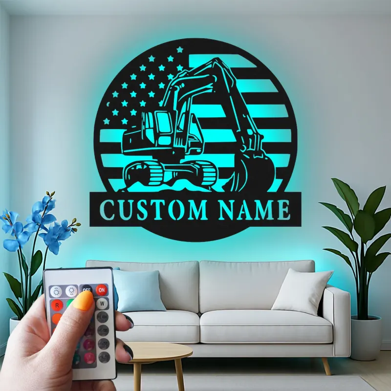 Cartel de metal LED personalizado de excavadora - Regalo para amante de la construcción - Decoración de cueva de hombre o garaje